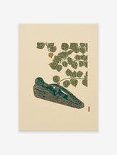 Woodcut art print depicting a green woodworking plane under a branch with green leaves and a red berry on a cream background.