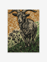 Woodcut style print of a ram goat with large horns in grass and flowers, brown and green background