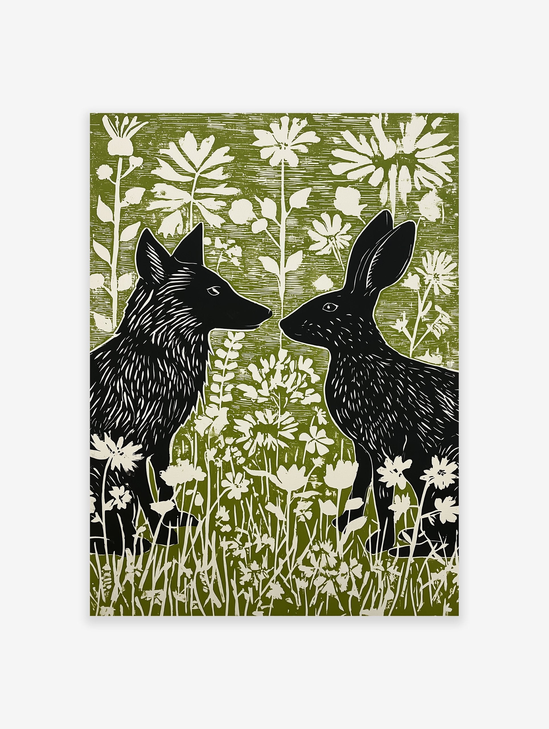 Black fox and rabbit facing each other in a green and white linocut style woodland animal wall art print with flowers.