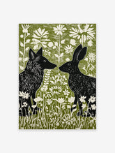 Black fox and rabbit facing each other in a green and white linocut style woodland animal wall art print with flowers.