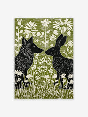 Black fox and rabbit facing each other in a green and white linocut style woodland animal wall art print with flowers.