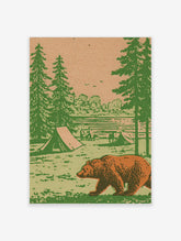 Retro camping poster with brown bear, two tents, pine trees, lake, and birds in green and beige