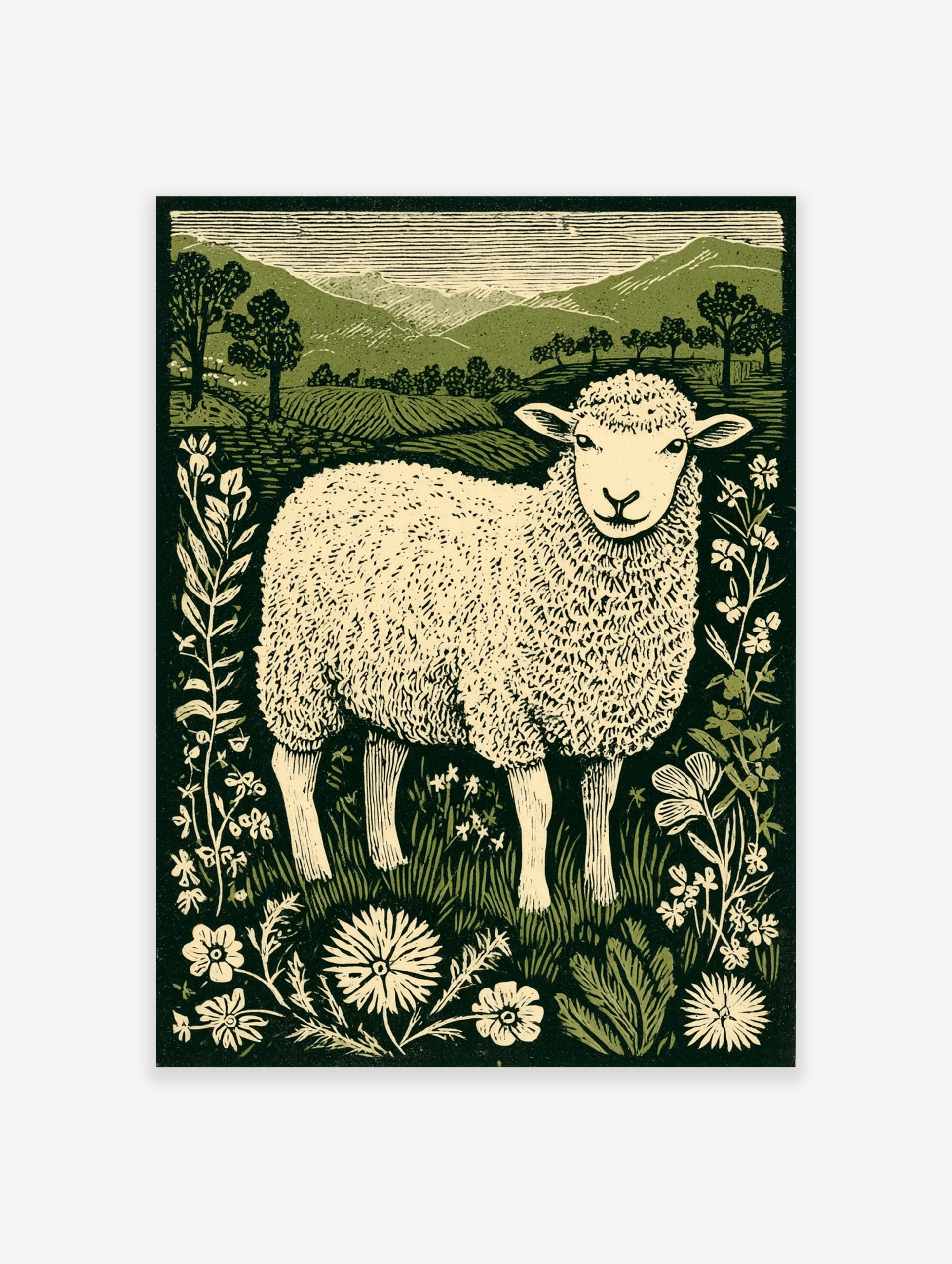 Illustrative print of a woolly sheep surrounded by wildflowers and green hills under a striped sky