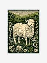 Illustrative print of a woolly sheep surrounded by wildflowers and green hills under a striped sky