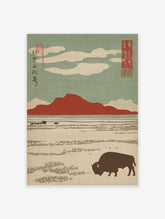 Yak grazing in snowy landscape with red mountain and Japanese kanji, woodblock style print