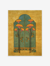 Yellow and green botanical illustration poster featuring stylized orange flowers within an arched teal structure on a golden background.