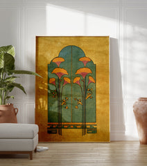 Yellow and green botanical illustration poster featuring stylized orange flowers within an arched teal structure on a golden background. - Image 3