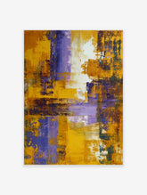 Abstract art print with textured yellow, purple, and white brushstrokes in vertical and horizontal layers