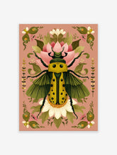 Ornate yellow beetle illustration with green wings and black spots, surrounded by pink and white botanical flowers