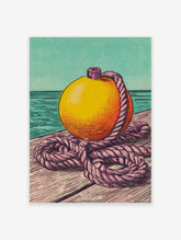 Yellow buoy with pink rope on wooden deck, turquoise sea background, nautical poster