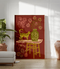 Yellow cat wall art illustration with a green vase, pink flowers, and a table on a reddish-brown background. - Image 3