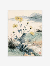 Yellow chrysanthemum flower art print with blue-grey leaves and mountain background