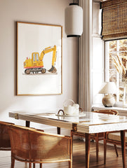 Watercolour illustration of a yellow excavator digger with grey tracks and brown bucket on a white, in a styled room mockup