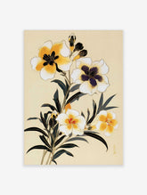 Botanical illustration of yellow flowers with dark leaves on a cream background, floral wall art print
