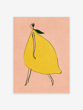 Yellow lemon dress fashion illustration with green leaf collar on pink background