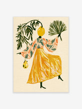 Surreal poster of a figure with a yellow lemon head holding a palm frond and lemon bag beside leafy branches