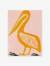 Yellow pelican illustration with orange beak and white wing details on pink background