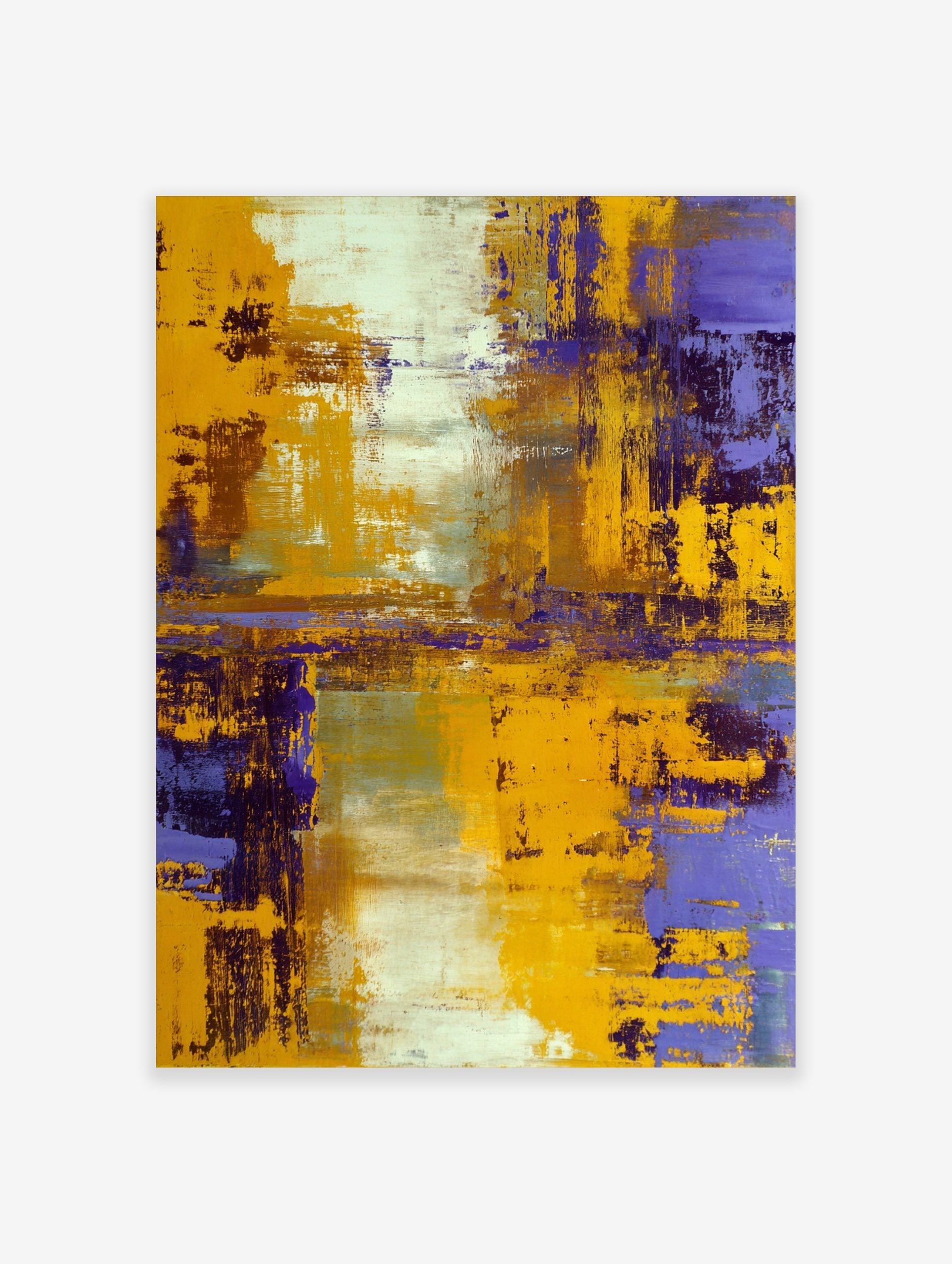 Abstract painting with bold yellow and deep purple textured brushstrokes, accented with white and grey