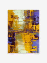 Abstract painting with bold yellow and deep purple textured brushstrokes, accented with white and grey