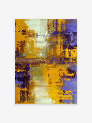 Abstract painting with bold yellow and deep purple textured brushstrokes, accented with white and grey