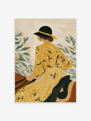 Illustrative art print of a woman in yellow dress and black hat, looking at green leaves with berries