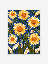 Yellow sunflowers with orange centres and green curling stems on a deep blue background art print