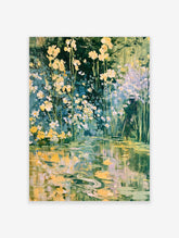 Yellow wildflowers and pale blooms above a blue-green pond with painterly water reflections