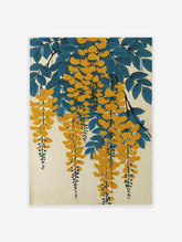 Yellow wisteria flower botanical poster with blue leaves and hanging blossoms on a light background in a Japanese art style.
