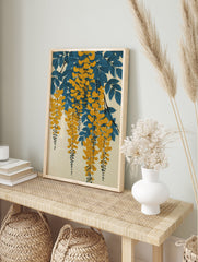 Yellow wisteria flower botanical poster with blue leaves and hanging blossoms on a light background in a Japanese art style. - Image 4
