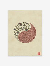 Yin Yang wall art print featuring intricate floral vines and a geometric red maze pattern on a textured beige background with a red seal.