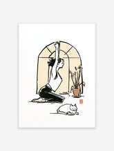 Minimalist line art print of a woman stretching in a yoga pose beside an arched window, with a potted plant and a white cat