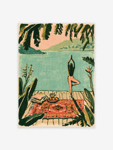 Yoga on deck poster with figure in tree pose, red rug, teacup, teal water and green hills