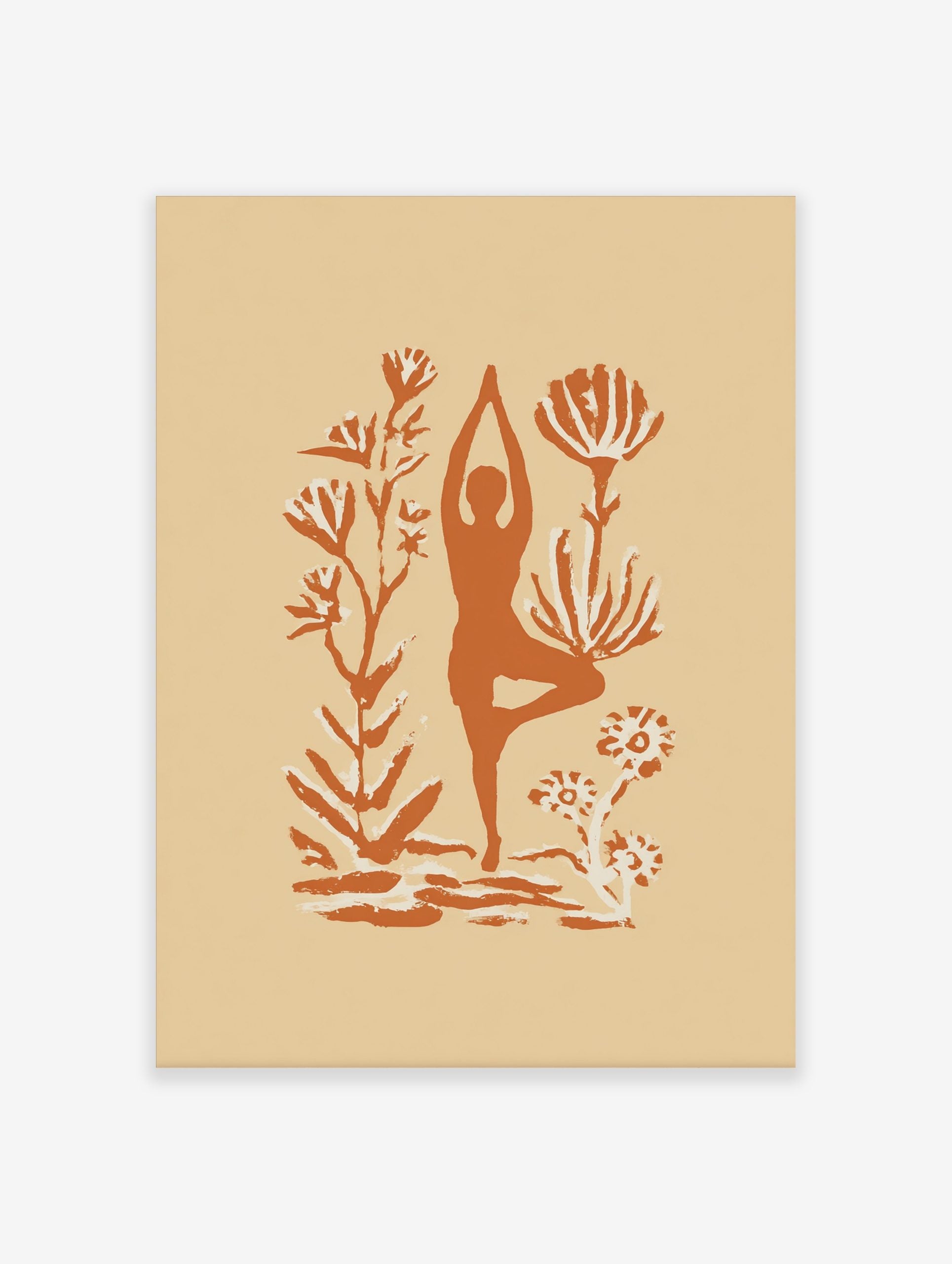 Yoga tree pose silhouette wall art with arms raised, surrounded by abstract terracotta botanical plants on beige
