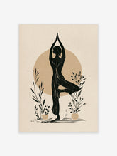 Black silhouette yoga tree pose with potted plants and beige circle on neutral background