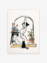 Illustrated yoga woman stretching with black cat and potted plant on yellow mat