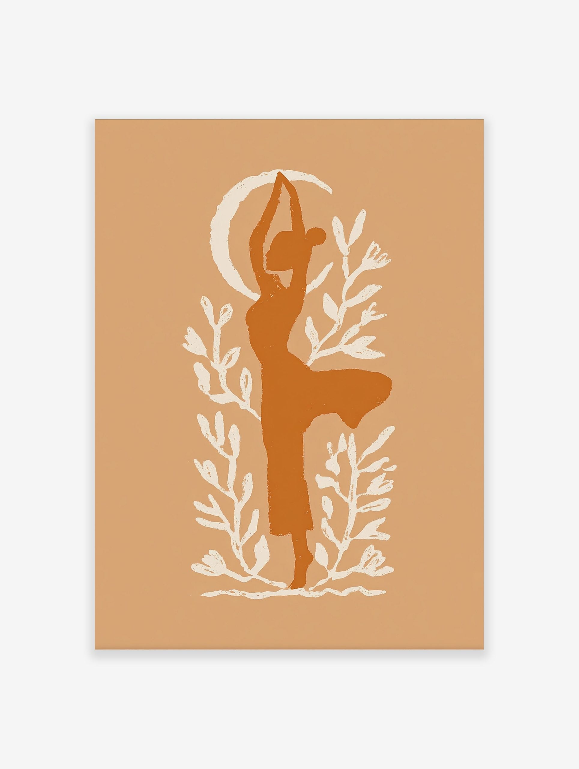 Stylised burnt orange silhouette of a woman in a yoga pose with a cream crescent moon and foliage on a beige background
