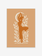 Stylised burnt orange silhouette of a woman in a yoga pose with a cream crescent moon and foliage on a beige background