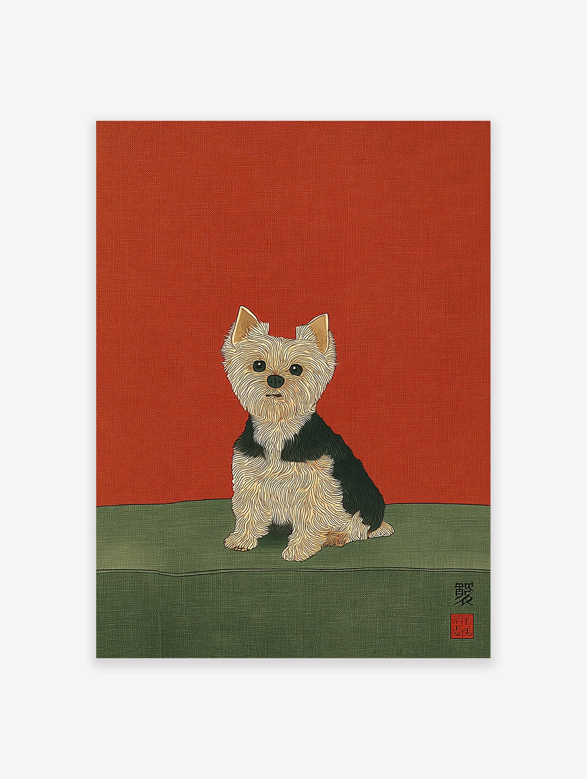 Illustrated Yorkshire Terrier dog art print on a vibrant red and green background with Japanese characters.