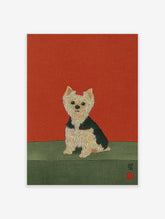 Illustrated Yorkshire Terrier dog art print on a vibrant red and green background with Japanese characters.