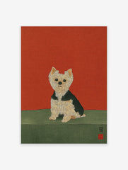 Illustrated Yorkshire Terrier dog art print on a vibrant red and green background with Japanese characters.