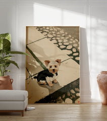Illustrated Yorkshire Terrier puppy sitting on stone steps. Yorkie wall art print in earthy tones. - Image 3