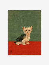 Illustrative art print featuring a Yorkshire Terrier dog sitting on a red base with a green background.