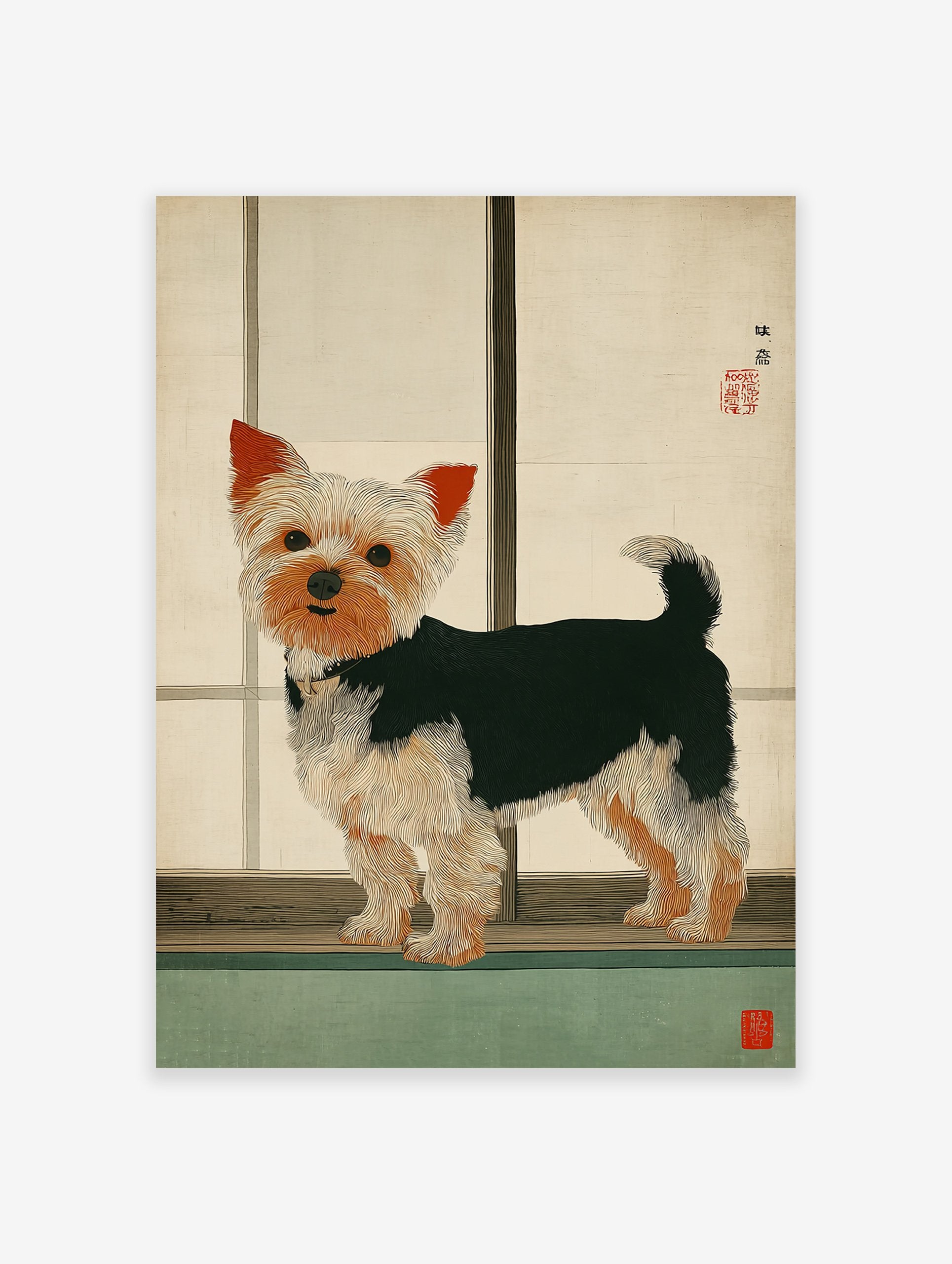 Japanese style illustration of a Yorkshire Terrier dog standing against a light background, perfect Yorkshire Terrier wall art.