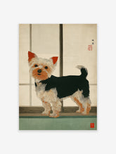 Japanese style illustration of a Yorkshire Terrier dog standing against a light background, perfect Yorkshire Terrier wall art.
