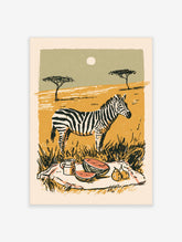Zebra in savanna with acacia trees and a picnic blanket with watermelon, pears and a jug