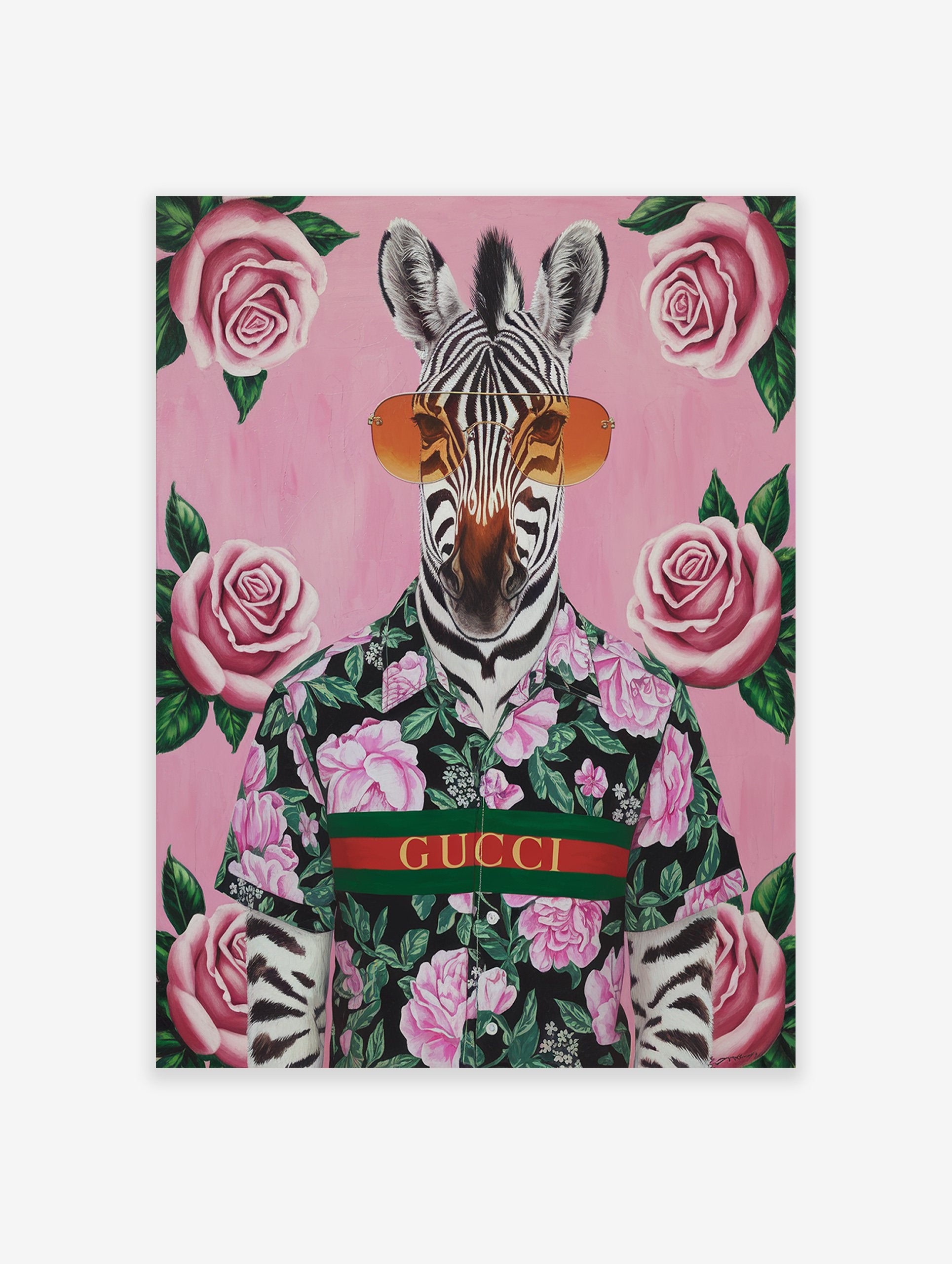 Zebra poster wearing sunglasses and a floral shirt with 'GUCCI' text, surrounded by pink roses on a pink background.