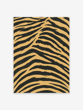 Zebra print wall art with wavy black stripes on a gold-tone background, vertical animal pattern poster