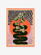 Surreal art print of a green plant growing from a black snake against a zebra pattern and orange circle