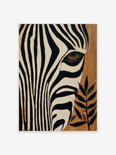 Zebra wall art print with black and white stripes, detailed eye, and leaf stem on wood-tone background