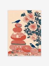 Zen bird and stone wall art print with two blue birds on stacked red stones and a branch of red flowers on peach background.